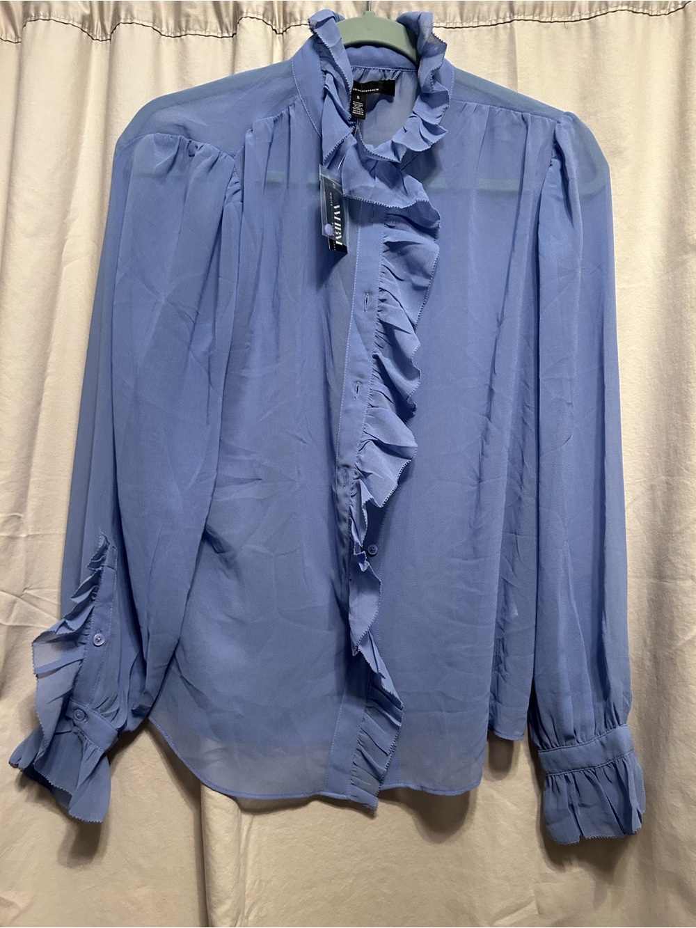 White House Black Market Periwinkle Ruffle Front Blouse